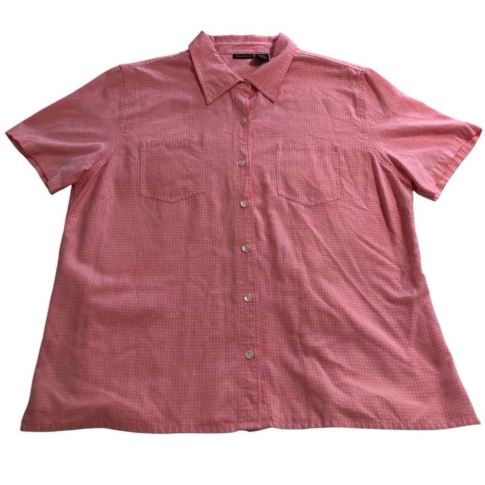 NorthCrest Womens XL Pink Grid Short Sleeve Button Down Shirt Rayon Blend Blouse